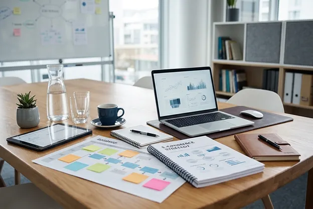 Professional ecommerce consulting meeting setup with laptop and documents, business strategy planning materials, office workspace