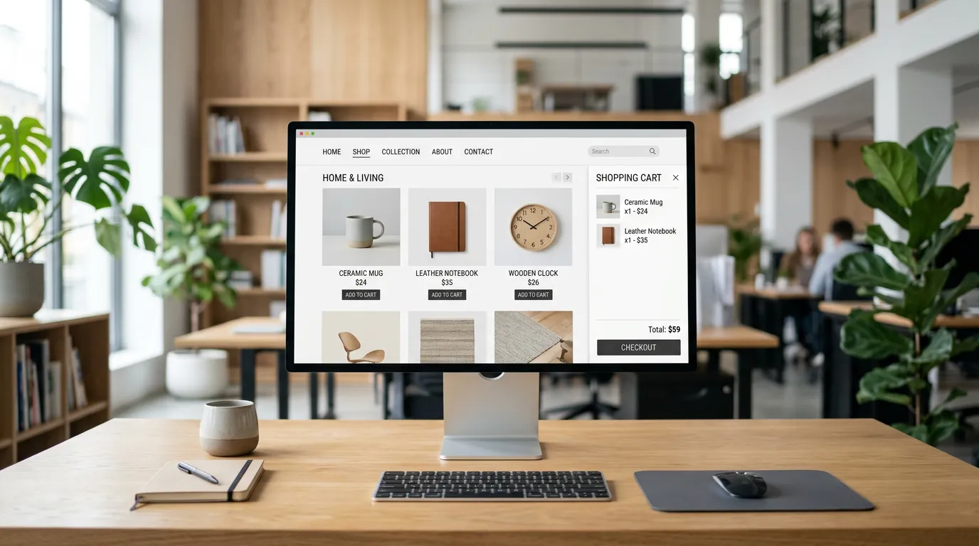 Modern ecommerce website interface on computer screen with product catalog and shopping cart visible, clean minimal desk setup, professional office environment